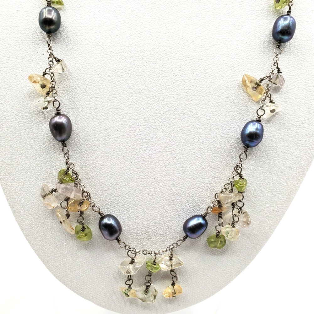 Vintage Sterling Silver 925 Necklace Quartz Chip Fringe Dark Beads Italy 18"